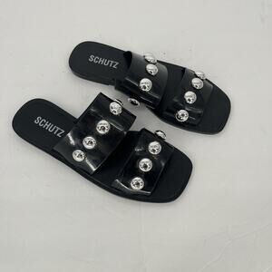 Schutz Women's Lizzie Slip On Slide Rubber Jelly Sandals Black w/ Silver Studs 8